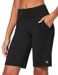 BALEAF Women's 10'' Athletic High-Waisted Bermuda Long Shorts Running Yoga Lounge Stretch Workout Pockets Black Size L