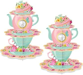 2 Pack Tea Party Cupcake Stands Floral Birthday Decorations: 3-Tier Afternoon Tea Time Vintage Garden Flower Princess Theme Dessert Holder Sets for Adults Girls Kids Baby Shower Party Table Supplies