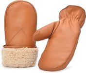 Womens Warm Leather Mittens Lambskin Mitten Gloves For Womens Winter Warm Fleece Lined,Tan, Size XL