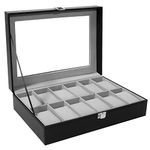 12 Watch Display Box Case Faux Leather, Black + Grey Lining