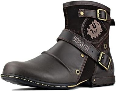 DBECK Moto Boots for Men Western Cowboy Fashion Side Zipper Buckle Leather Chukka Casual Shoes Anti Slip Vintage Ankle Motorcycle Combat Dress Martin Outdoor Hiking Shoes, Coffee Color