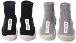 HOVELL 2 Pairs Baby Soft Rubber Sole Shoes Toddler Girls Boys Non Slip Walking Shoes Infant Cotton Floor Slipper Sock Shoes(Black Grey,6-12M)