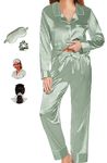 Y WJing Yi Jia Pyjamas For Women Ladies Silk Satin Pyjama Set Long 2pc Pj Sets Bride Pj Set Bridal Button Down Sleepwear Bridesmaid Pajamas Loungewear With Eye mask And Scrunchies 3 In 1 Set…