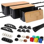 PowerKing Cable Management Boxes Organizer, Bamboo Lid, Large Storage Wires Keeper Holder for Desk, TV, Computer, USB Hub, System to Cover and Hide & Power Strips & Cords (Set of Three, Luxury Black)