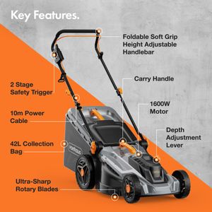VonHaus 1600W Electric Lawnmower – 42L Bag, 380mm Width, 10m Cord