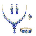 EVER FAITH Costume Jewelry Sets for Women, Rhinestone Crystal Floral Wave Teardrop Pendant Necklace Dangle Earrings Bracelet Ring Set Royal Blue Gold-Tone