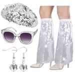 HOWAF 70s Fancy Dress Women, Disco Glasses Disco Ball Earrings Sparkly Sequins Beret Hat Leg Warmers 70s Disco Fancy Dress for Women, 70s Accessories for Women, 80s Accessories for Women Costume