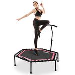 ONETWOFIT 48" Silent Mini Trampoline with Adjustable Handle Bar Fitness Trampoline Bungee Rebounder Jumping Cardio Trainer Workout for Adults or Kids Pink