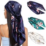 35” Large Square Satin Head Scarf - 3Pcs Satin Hair Scarves Silk Bandana Scarf Beach Headscarf Silk Feeling Scarf for Women (Peach Blossom(white/Cyan/Navy Blue))