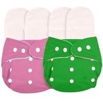 AEREX Premium Reusable Baby Cotton 2 Cloth Diapers For 0 to 3 Years With 4 Insert Pads | Leak Proof Washable Diapers For New Born Babies | Adjustable Pocket Cloth Diaper Nappies (Pink & Green)