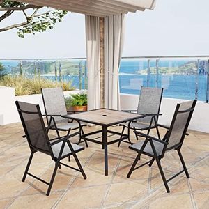 MFSTUDIO Outdoor Dining Set for 4, Aluminum Height Adjustable Folding Chair and Wood-Like Top Table, Patio Furniture Dining Table Set, Grey