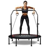 RAVS Mini Trampoline for Kids Adults 40"/48" Foldable Fitness Rebounder Kids Trampoline with 5 Levels Height Adjustable Handle Resistance Bands Indoor Workout Max Load 350lbs-450lbs