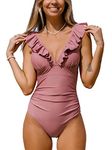 CUPSHE Women One Piece Swimsuit Ruffled Lace Up Beach Swimwear Tummy Control Swimming Costume Bathing Suit Bean Pink L