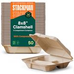 100% Compostable Clamshell Take Out Food Containers [8X8" 3-Compartment 50-Pack] Heavy-Duty Quality to go Containers, Natural Disposable Bagasse, Eco-Friendly Biodegradable Made of Sugar Cane Fibers
