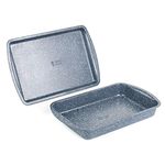 Russell Hobbs COMBO-5439 Nightfall Stone Oven Trays Non Stick - 2 Piece Baking Tray, Roasting Tray, 38 cm Oven Baking Sheet and Roaster, Oven Safe to 220°C, Easy Clean, Blue Marble Carbon Steel