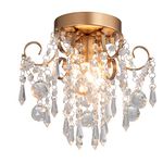 Q&S Mini Chandelier,Gold Flush Mount Ceiling Light Fixtures,Small Crystal Chandelier for Entryway Bedroom Bathroom Hallway 1-Light E12