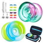 Yoyo Pack of 2 Responsive Yoyos K2 Crystal, Unresponsive Plastic Yoyo for Kids Beginner, Professional Fingerspin Tricks Yoyo with Extra Removal Bearing Tool + 12 Yoyo Strings(Green Pink + Blue Yellow)