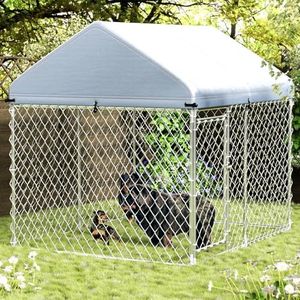 Selfun Large Outdoor Dog Kennel, 9.2' x 7.6' x 7.6' - 2.5 Wire Diameter Thickened Wire Mesh Dog Kennel Outside, UV & Water Resistant 420D Oxford Fabric, Galvanized Chain Link Dog Runs with Safe Lock