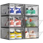 TidyTrove Shoe Storage Box, 6 Pcs Shoe Box Clear Plastic Stackable, Sturdy Foldable Shoe Organizer Containers with Magnetic Door for Women/Men, Black