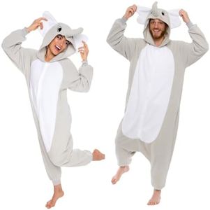 Funziez! Adult Onesie Halloween Costume - Animal Dinosaur Shark - Unisex Plush One Piece Cosplay Suit for Adults, Men and Women (X-Large, Elephant)