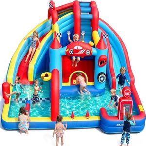 ELEMARA Speed Racer 15-in-1 Inflatable Water Slide Bounce House for Big Kids, 191x175in Double Slide Water Park w/Climbing Wall, Splash Pool,Water Cannon,Basketball,Dartboard & Boxing Post,750W Blower