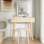 YOURLITE Dressing Table with LED Lights Mirror White Vanity Makeup Table Set with 2 Drawers, Adjustable Brightness Mirror, Cushioned Stool and Free Make-up Organizer(Square Mirror Wood)