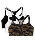 Fruit of the Loom Women's Spaghetti Strap Cotton Pull Over 3 Pack Sports Bra, Petite Modern Camo/White/Black, 38