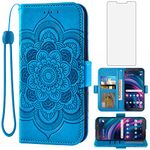 Asuwish Phone Case for Tracfone BLU View 3 B140DL Wallet Cover with Tempered Glass Screen Protector and Flip Credit Card Holder Stand Flower Folio Cell Accessories Blue View3 140DL Women Men Blue