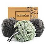 myHomeBody Large 70g Loofah Sponge, Body Scrubber, Bath Sponge, Loofah for Women, Men | Exfoliating Sponge - Body Wash Shower Pouf with Activated Charcoal -2 Graphite Gray + 1 Sage Green, 3 Pack