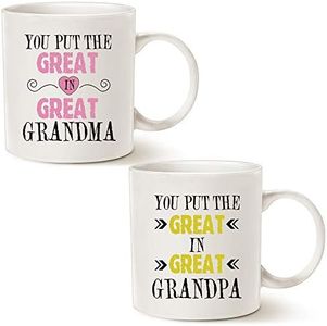 MAUAG Grandparent Coffee Mugs(2 pcs) Christmas Gifts, You Put the Great in Great Grandma/Grandpa Best Birthday Presents for Grandparent Grandma Grandpa Cups Set, White 11 Oz