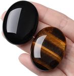 DUQGUHO 2 Pcs 1.6" Tiger Eye Black Obsidian Healing Crystal Palm Stone Crystal Natural Polished Healing Oval Pocket Worry Stone Crystals for Anxiety Stress Relief