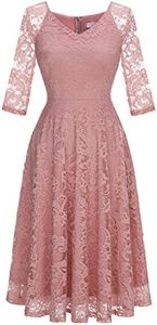 Dressystar Robe de Soirée Cocktail Femme Midi Dentelle Manche Longue sous Genou Robe de Mariage Invitée Col en V Glamour et Chic Blush XXXL