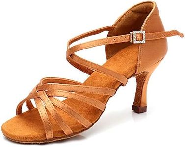 RoseMoli Women's Latin Dance Shoes Satin Professional Ballroom Salsa Practice Performance Dance Shoes Tan-2.8