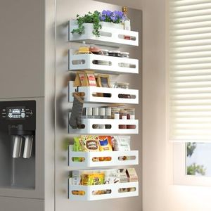 Sevenblue 6 Pack Strong Magnetic Spice Rack for Refrigerator, Multipurpose Magnetic Shelf for Fridge with 4 Hooks for kitchen and Bathroom Organization, White