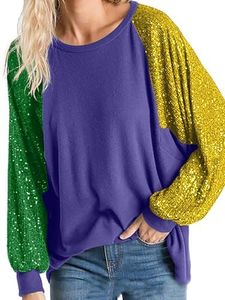 Mardi Gras Shirt for Women Sequin Tops Carnival Sparkle Long Sleeve New Orleans Party Blouses Contrasting Tops Purple