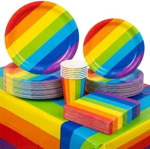 Serves 30 Complete Party Pack Rainbow Party Supplies 9" Dinner Paper Plates 7" Dessert Paper Plates 9 oz Cups 3 Ply Napkins 2 Table Cover Rainbow Party Supplies Rainbow Party Theme