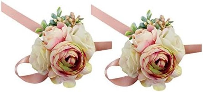 USIX 2pc Pack-Handmade Artificial Peony Flower Wrist Corsage with Satin Wristband for Girl Bridesmaid Wedding Party Prom Flower Corsage Hand Flower (Pink Wrist Corsage x2)