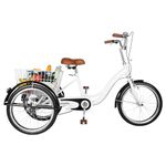 ROMYIX 20'' White Tricycle Adult 3 Wheel Bike Trike Cruiser Single Speed Elderly Bicycle w/Shopping Basket, 242.5 lbs Capacity,Adjustable Seat,Adjustable Handlebar(White)