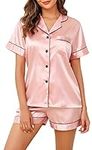 Lovasy Silk Pyjamas for Women Satin Pyjama Set Button Down Ladies Pyjamas Classic Womens Short Pyjamas Soft Pjs for Women Sets,Pink,S