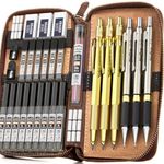Nicpro 29PCS Art Mechanical Pencils Set Leather Case, Gold Metal Drafting Pencil 0.5, 0.7, 0.9 mm, 2mm Lead Pencil Holder for Sketching Drawing With 16 Tube (4B 2B HB 2H 4H 6B & Colored) Lead Refill