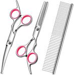 FAIGEO Dog Grooming Scissors Kit with Safety Round Tips Stainless Steel Professional Dog Grooming Shears Set - Thinning, Curved Scissors and Comb for Dog Cat Pet