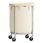 SONGMICS Laundry Basket with Wheels, Rolling Laundry Hamper, 29 Gal., Round Laundry Cart with Steel Frame and Removable Bag, 4 Casters and 2 Brakes, Cream White and Metallic Silver URLS002W01