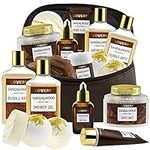 Valentines Day Gifts for Him, Sandalwood Bath Gift Set, Personal Self Care Spa Kit, Relaxing Man Gift Basket for Dad, Shower Gel, Bubble Bath, Body Oil, Bath Bomb & Morein Brown Leather Cosmetic Bag