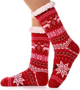 EBMORE Women Slipper Fuzzy Socks Fluffy Cozy Cabin Warm Winter Soft Thick Comfy Fleece Christmas Anti Slip Home Stocking Stuffer(Snowflake-Red)
