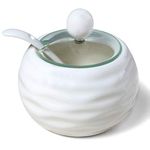 Ceramic Sugar Bowl, Modern Porcelain Sugar Bowl with Glass Clear Lid and Spoon 8.8oz/250ml in White Weave Shape, Suit for Coffee Bar, Restaurant and Home Breakfast