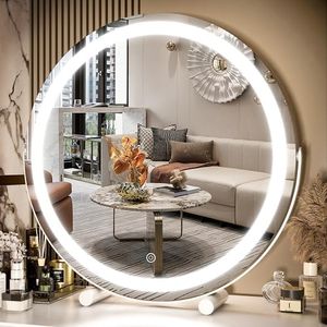 FENNIO 18 inch Large Vanity Mirror with Lights, Round LED Lighted Up Makeup Mirror, Large Makeup Mirror with Lights, Touch Screen with 3-Color Lighting Dimmable for Vanity Desk Tabletop, Bedroom