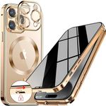 [CD Metal Ring & Security Lock] Magnetic 360 Degree Full Body Privacy Case for iPhone 14 Pro Max 6.7 Inch [Built-in Lens Protection] Protective Case with Integrated 9H Glass Screen - Gold