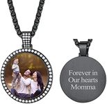 Personalized Bling Black CZ Crystal Round Memorial Custom Photo Necklace for Men Big Full Color Picture Printing Pendant Engraved Keepsake Jewelry Loss of Father Gift Family