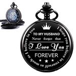 ManChDa Engraved to My Husband Retro Mens Black Blue Double Open Skeleton Mechanical Roman Numerals Pocket Watch with Chain Gift