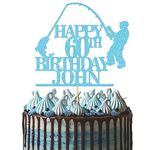 GuteGifts Personalised Fishing Cake Topper | Custom with Any Name Any Age Celebration Fisherman Happy Birthday Party Decoration for Him Men Dad | Fishing Lover 21st 30th 40th 50th 60th (Ocean blue)